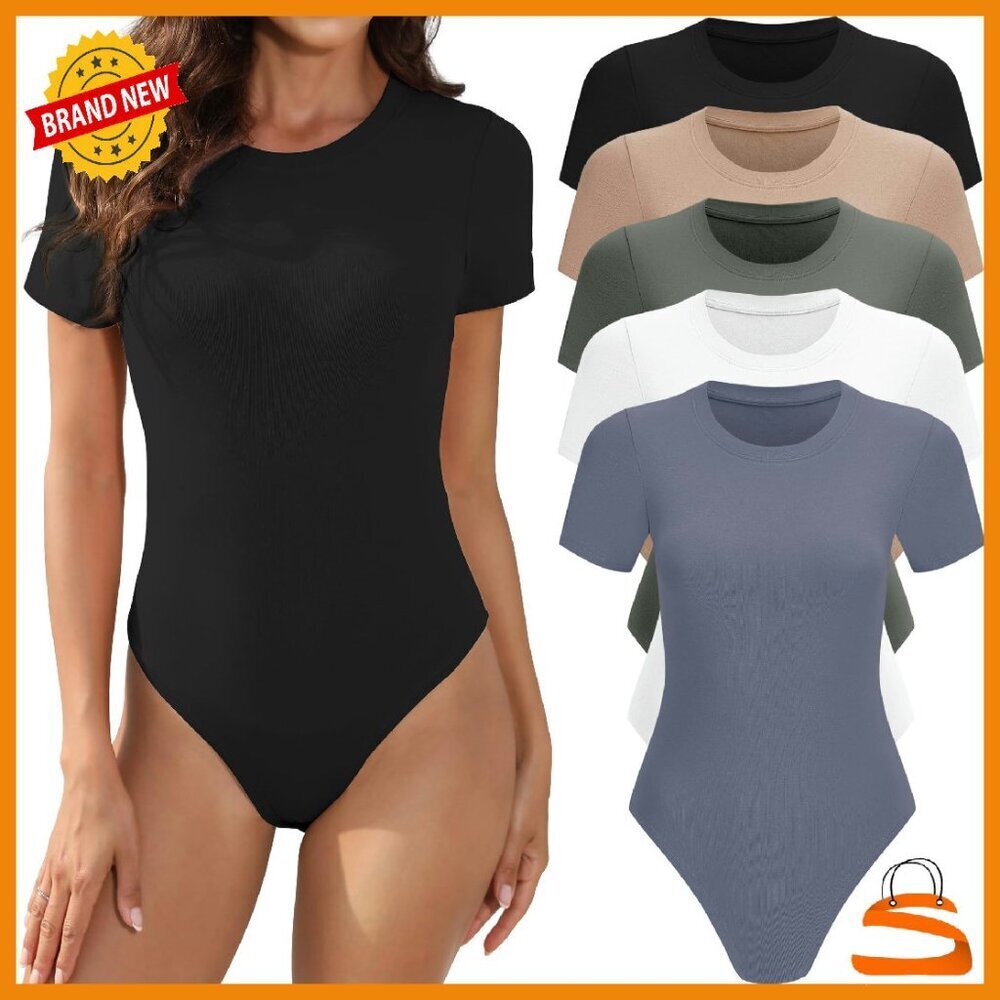 5 Pack Short Sleeve Bodysuit Tops Stretchy Fit Snap Closure